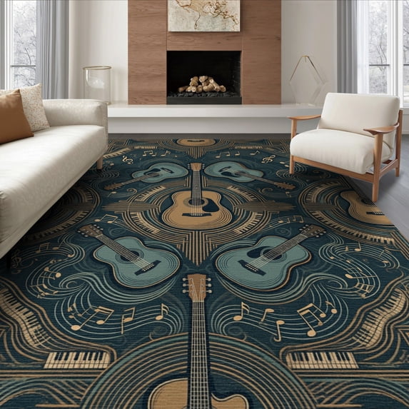 ODIKA Music Cd Musical Motif Guitar Notes Sepia Teal Circle Disc Shape Non-Slip Chair-Friendly Floor for Dining Room, Under Table, Office