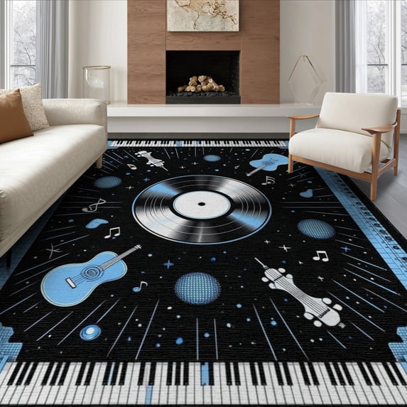 ODIKA Music Guitar Cd Note Disc Centerpiece Piano Border Shape Motifs Non-Slip Flatwoven for Living Room, Under Sectional, Family