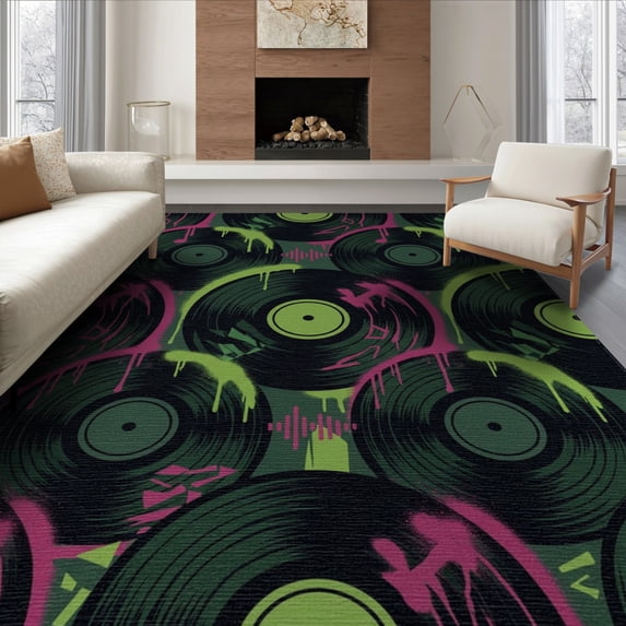 ODIKA Music Note Concentric Circle Notes Round Impact Movie Vinyl Eight for Queen Size Bedroom, Under Bed, Master Suite, Foldable Easy Care