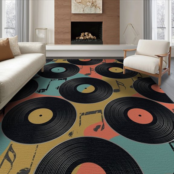 ODIKA Music Note Retro Sound Disc Motif Tufted Circle Abstract Round Non-Slip Flatwoven for Living Room, Under Sectional, Family