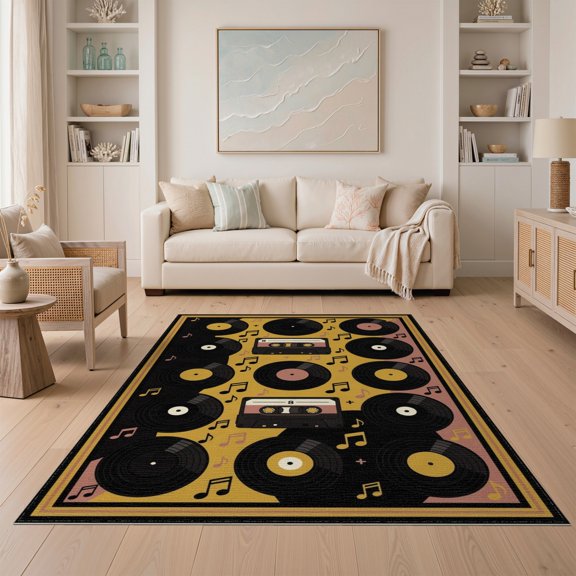 ODIKA Music Retro Note Record Album Notes Border Tufted Round Movie for Guest Room, Lounge, Apartment, Non-Slip Low Profile