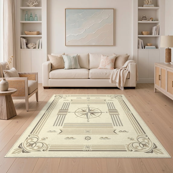 ODIKA Nautical Compass Stripe Cartouche Border Inspired Subtle Sisal Flowing Dynamic Non-Slip Low Profile for Guest Room, Lounge, Apartment