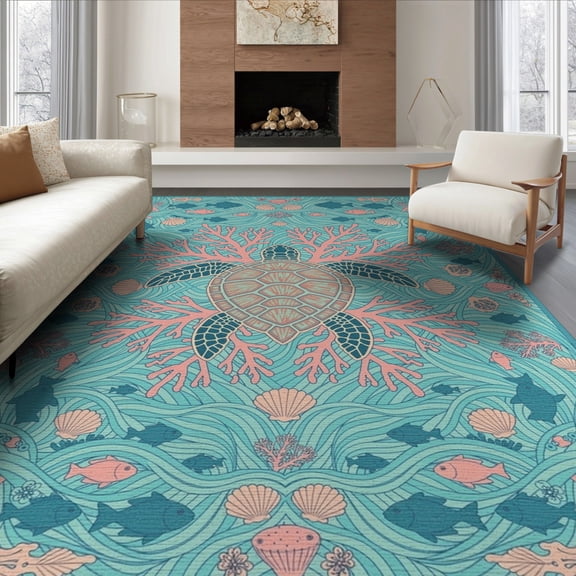 ODIKA Nautical Reef Coral Center Map Ocean Compass Border Vintage Turtle Flowing for King Size Bedroom, Master Suite, Under Bed, Foldable Easy Care