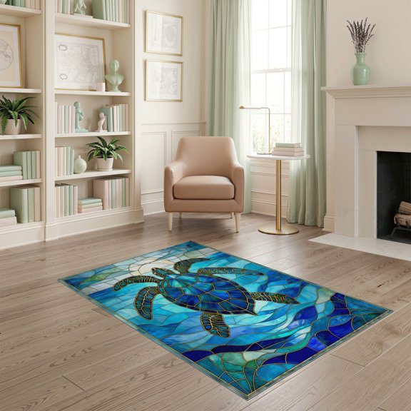 ODIKA Nautical Turtle Stained Mosaic Ocean Border Entryway Teal Beachy for Playroom, Bedroom, Reading Nook, Pet Friendly & Kids Safe Play