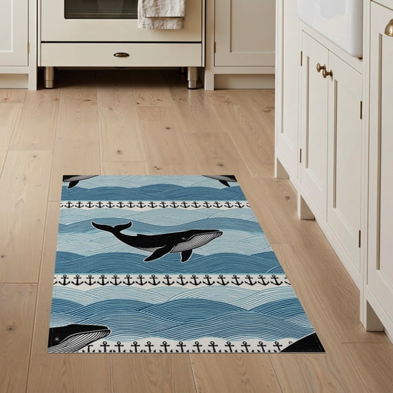 ODIKA Nautical Whale Ocean Wave Border Motif Marine Frame Boat Hooked Refined Non-Slip Chair-Friendly for Home Office, Hallway, Laundry Room