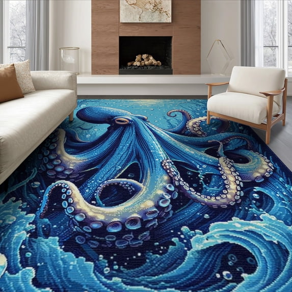 ODIKA Navy Animals Octopus Marine Creature Wave Border Tentacle Nautical Non-Slip Chair-Friendly Floor for Dining Room, Under Table, Office