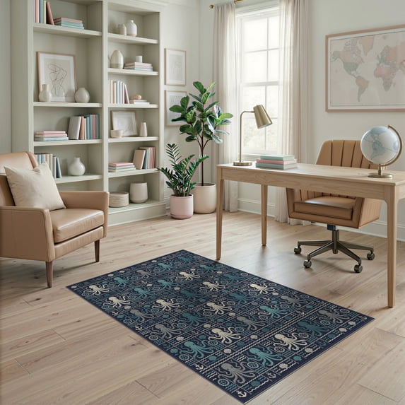 ODIKA Navy Animals Octopus Ocean Mosaic Nautical Tentacle Wave Border for Home Office, Gaming Room, Under Desk, Non-Slip Chair-Friendly