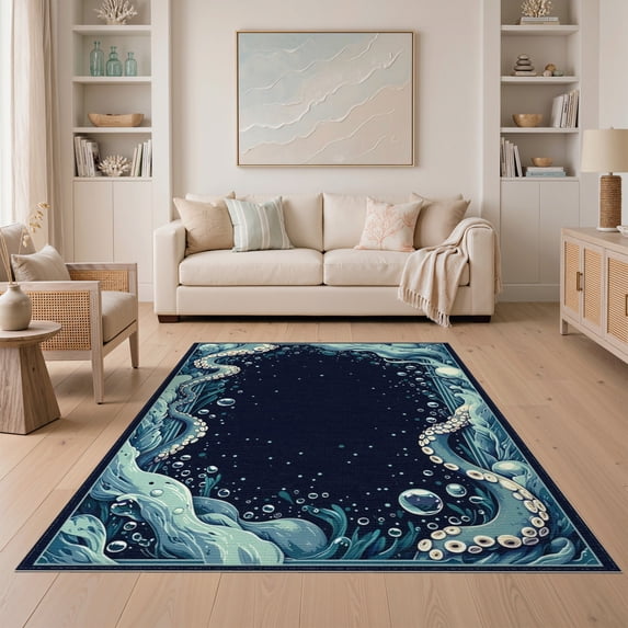 ODIKA Navy Animals Octopus Tentacle Nautical Creature Motif Wave Border for Dining Room, Under Table, Home Office, Non-Slip Chair-Friendly