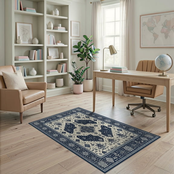 ODIKA Navy Boho Border Trellis Lattice Interlocking Medallions Quatrefoil Pet Friendly & Kids Safe Play for Playroom, Bedroom, Reading Nook