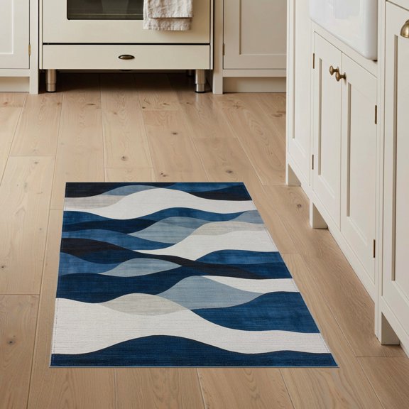 ODIKA Navy Long Abstract Brushstroke Interlocking Wave Motif Accessories Stain Resistant Flatwoven for Entryway, Kitchen, Mudroom