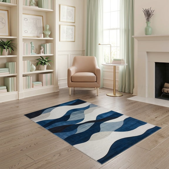 ODIKA Navy Long Abstract Brushstroke Interlocking Wave Motif Accessories for Home Office, Gaming Room, Under Desk, Non-Slip Chair-Friendly