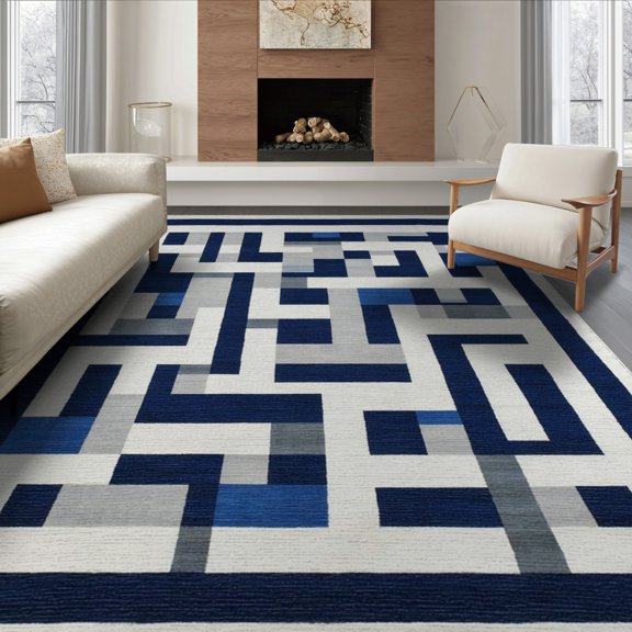 ODIKA Navy Long Abstract Interlocking Maze Minimalist Border Accessories for Living Room, Under Sectional, Family , Non-Slip Flatwoven