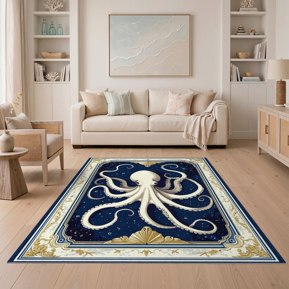 ODIKA Navy Nautical Symmetrical Octopus Tentacle Wave Border Animals Easy Care Kids Safe for Small Living Room, Playroom, Bedroom