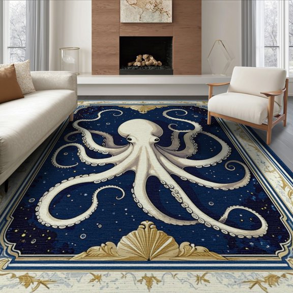 ODIKA Navy Nautical Symmetrical Octopus Tentacle Wave Border Animals Non-Slip Chair-Friendly Floor for Dining Room, Under Table, Office