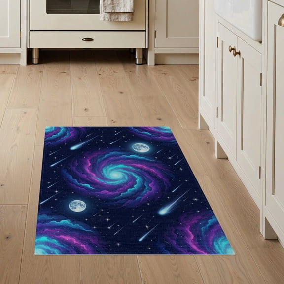 ODIKA Nebula Swirling Cosmic Meteorite Motif Planetary Large Galaxy Refined Structured Stain Resistant Flatwoven for Entryway, Kitchen, Mudroom