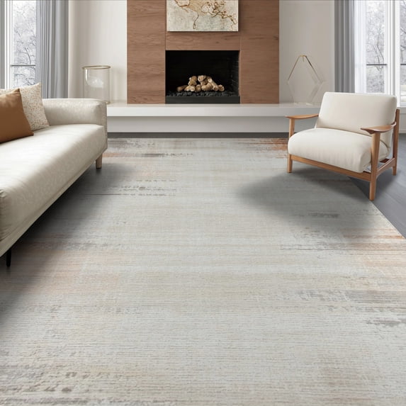 ODIKA Neutral Abstract Boho Brushstroke Faded Border Ivory Beige Dining for Room, Large Office, Lounge, Non-Slip Chair-Friendly