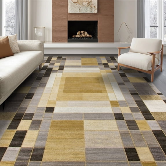 ODIKA Neutral Abstract Geometric Mosaic Grid Contemporary Dining Non-Slip Flatwoven for Living Room, Under Sectional, Family