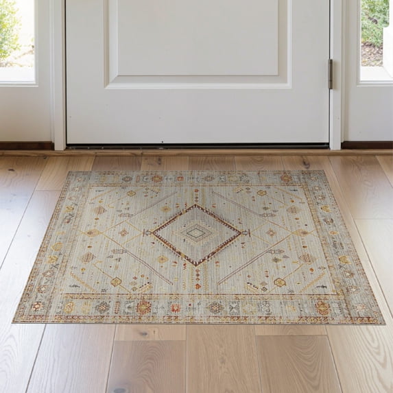 ODIKA Neutral Abstract Para Geometric Border Transitional Dining Under Stain Resistant Thin Throw for Entryway, Kitchen, Laundry Room