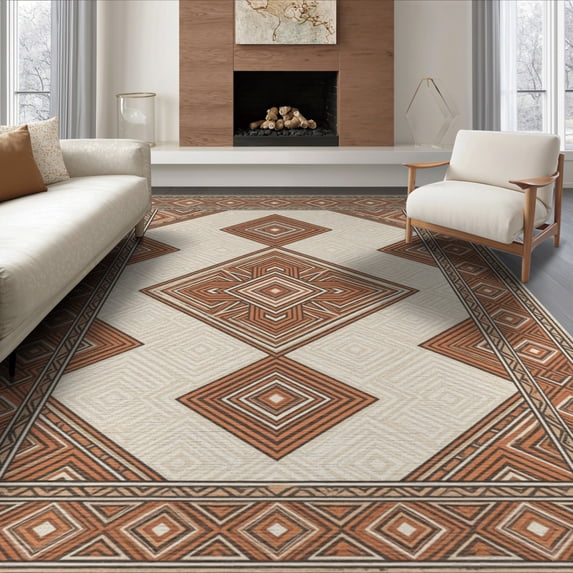 ODIKA Neutral Boho Interlocking Motif Covering Taupe Border Ivory Beige for Dining Room, Under Table, Office, Non-Slip Chair-Friendly Floor
