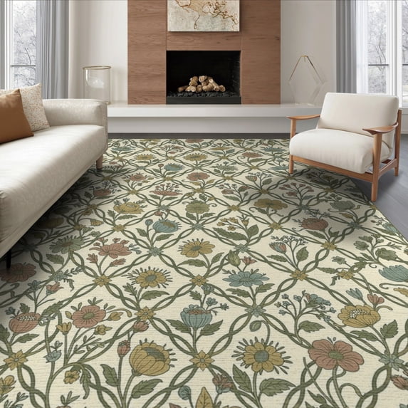 ODIKA Neutral Boho Retro Interlocking Pastel Botanical Print Vintage for Dining Room, Under Table, Office, Non-Slip Chair-Friendly Floor