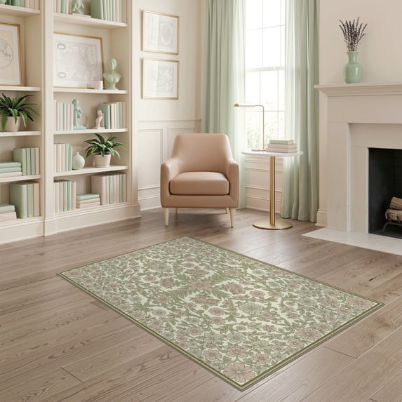 ODIKA Neutral Boho Retro Vine Ornate Border Chartreuse Vintage Pastel for Home Office, Gaming Room, Under Desk, Non-Slip Chair-Friendly