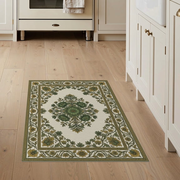 ODIKA Neutral Boho Symmetrical Muted Tone Vintage Pastel Solid Chartreuse for Entryway, Kitchen, Mudroom, Stain Resistant Flatwoven