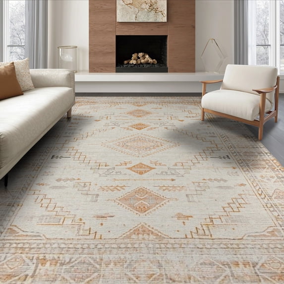 ODIKA Neutral Distressed Boho Motif Border Tone Ivory Beige Dining for Queen Size Bedroom, Under Bed, Master , Foldable Easy Care