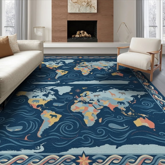 ODIKA Ocean Educational Explorer Playroom Classroom Large Map Top Playful for Living Room, Under Sectional, Family , Non-Slip Flatwoven