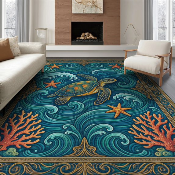 ODIKA Ocean Scrolled Border Stained Entryway Teal Beachy Nautical Turtle Refined Foldable Easy Care for Queen Size Bedroom, Under Bed, Master Suite
