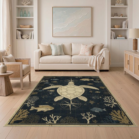 ODIKA Ocean Turtle Navigation Chart Vintage Wave Border Decorative Non-Slip Low Profile for Guest Room, Lounge, Apartment