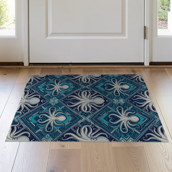 ODIKA Octopus Ocean Mosaic Nautical Tentacle Wave Border Navy Animals Refined Non-Slip Low Profile for Hallway, Study Room, Playroom