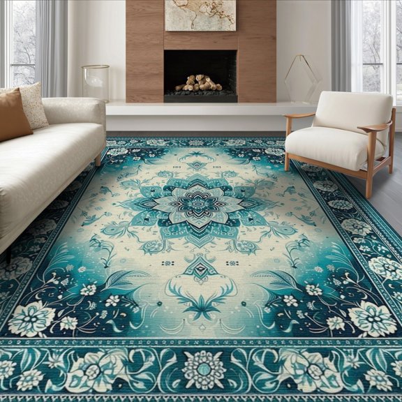 ODIKA Ombre Boho Scrolled Border Fading Gradient Vintage Paisley Interlocking for Dining Room, Under Table, Office, Non-Slip Chair-Friendly Floor
