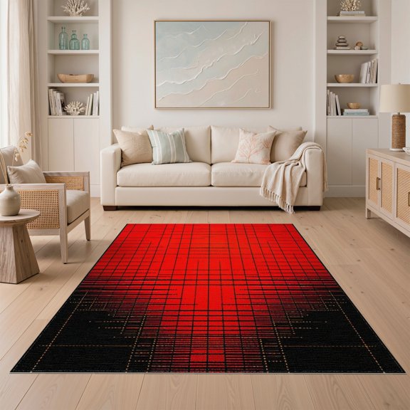 ODIKA Ombre Gamer Geometric Interlocking Grid Border Pixel Abstract for Guest Room, Lounge, Apartment, Non-Slip Low Profile