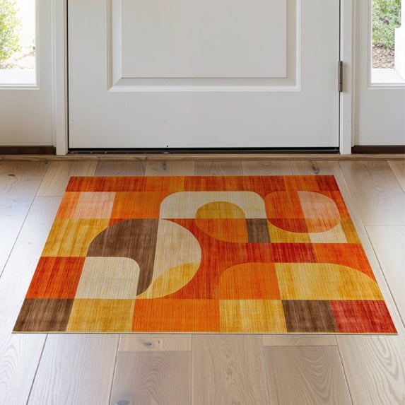 ODIKA Orange Abstract Contemporary Expressionist Interlocking Shapes for Hallway, Study Room, Playroom, Non-Slip Low Profile