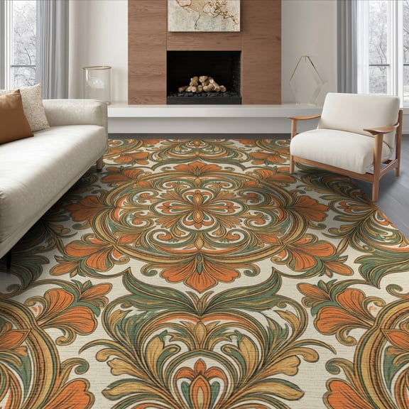 ODIKA Orange Burnt Faded Petal Bordered Symmetrical Interlocking Creamy for Dining Room, Large Office, Lounge, Non-Slip Chair-Friendly