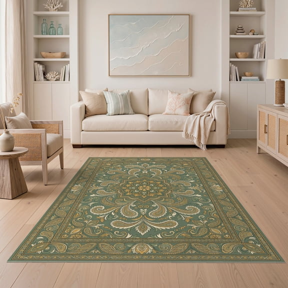 ODIKA Paisley Distressed Border Ornamental Scrolls Vintage Traditional Refined for Guest Room, Lounge, Apartment, Non-Slip Low Profile
