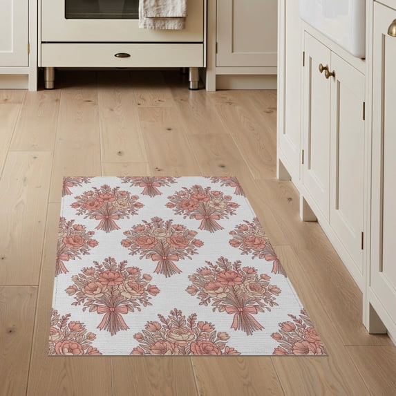 ODIKA Pastel Pink Flower Cluster Ribbon Alfombra Para Cuarto for Entryway, Kitchen, Mudroom, Stain Resistant Flatwoven