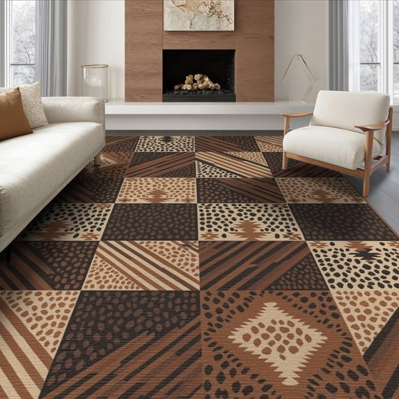 ODIKA 6'x9' Washable Area Rug Easy Care, Non-Shedding, Patchwork Abstract Inspired Geometric Print Alternating Round for Queen Size Bedroom Under Bed Master Suite