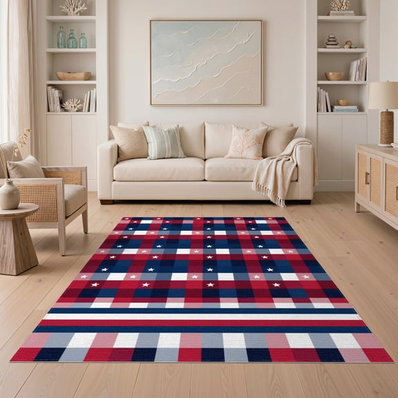 ODIKA Patriotic Grid Stars Stripes Halloween Plaid Independence July Non-Slip Low Profile for Guest Room, Lounge, Apartment