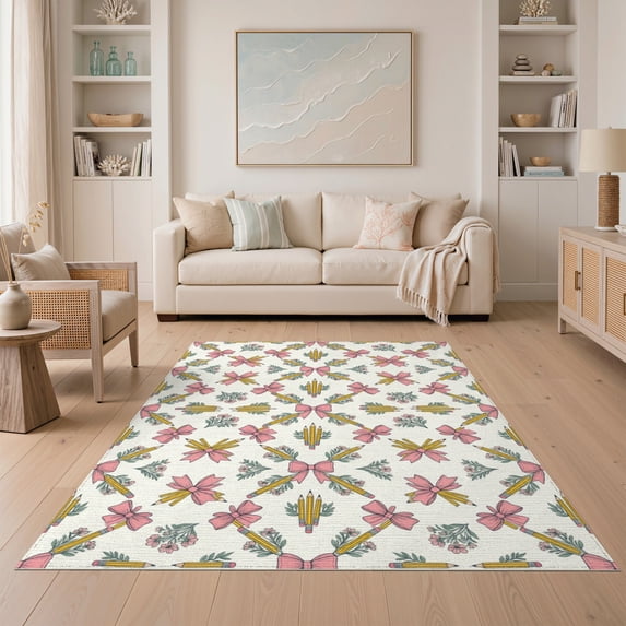 ODIKA 5'x7' Washable Area Rug Non-Slip, Chair-Friendly Pencil Welcome Teacher Preschool Door Schoolgirl School Classroom Refined for Dining Room, Under Table, Home Office