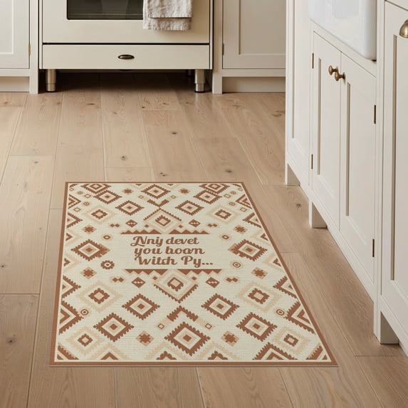 ODIKA Personalized Message Terracotta Cream Geometric Emblem Floor Non-Slip Chair-Friendly for Home Office, Hallway, Laundry Room