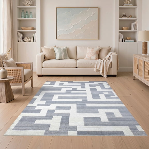 ODIKA Pile Padded Plush Maze Contemporary Geometric Abstract Fluffy Non-Slip Low Profile for Guest Room, Lounge, Apartment