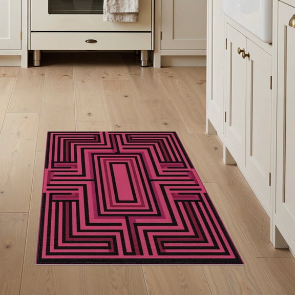 ODIKA Pink Abstract Geometric Contemporary Maze Bold Concentric Motif for Entryway, Kitchen, Mudroom, Stain Resistant Flatwoven