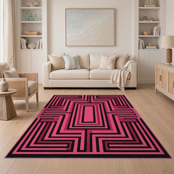 ODIKA Pink Abstract Geometric Contemporary Maze Bold Concentric Motif for Guest Room, Lounge, Apartment, Non-Slip Low Profile