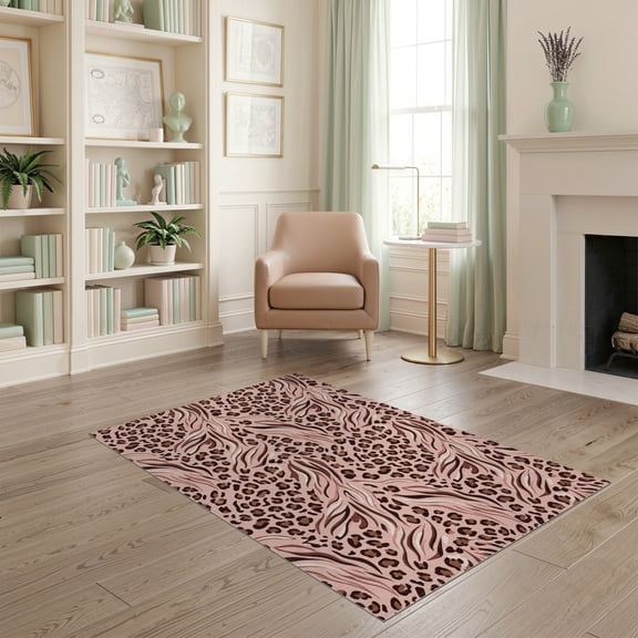 ODIKA Pink Abstract Leopard Print Spotted Cheetah Tiger Mixed Zebra for Dorm Room, Small Living Apartment, Stain Resistant Low Profile
