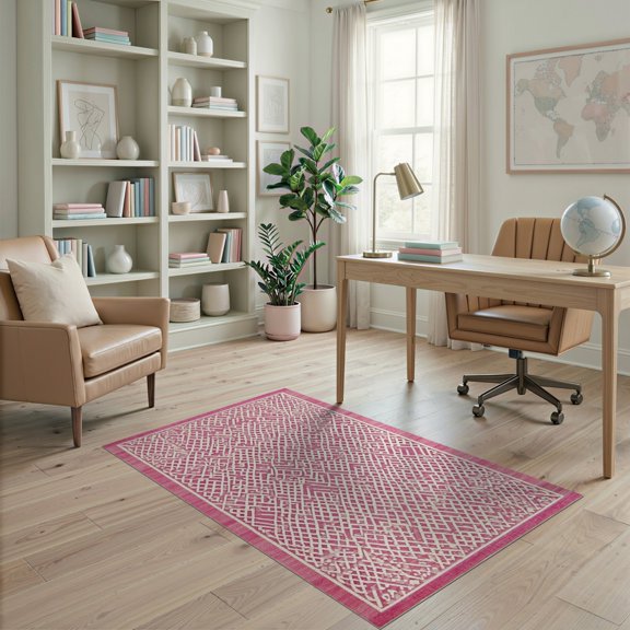 ODIKA Pink Blush Argyle Boho Lattice Minimalist Offset Trellis Border Stain Resistant Low Profile for Dorm Room, Small Living Apartment