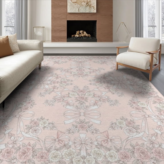ODIKA Pink Boho Ribbon Border Alfombra Para Cuarto Scattered Flowing Dynamic for King Size Bedroom, Master Suite, Under Bed, Foldable Easy Care