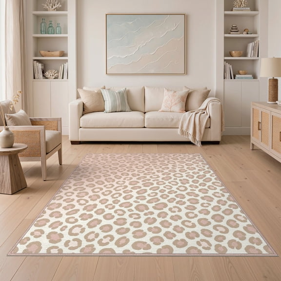 ODIKA Pink Cheetah Leopard Inspired Motif Featuring Blush Ivory Print for Guest Room, Lounge, Apartment, Non-Slip Low Profile
