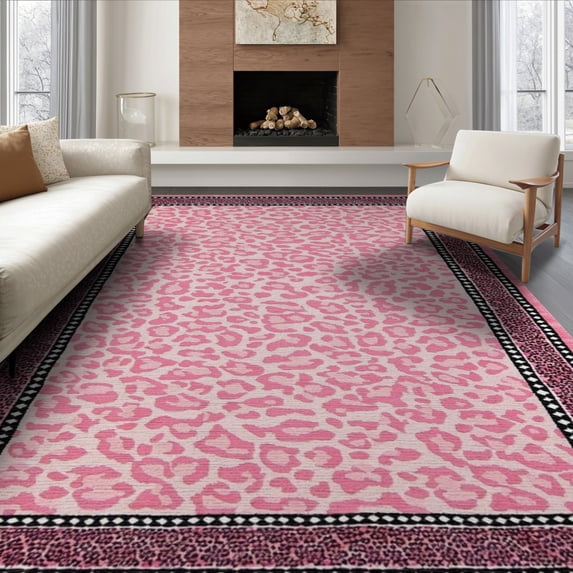ODIKA Pink Cheetah Leopard Print Zebra Stripe Border Spotted Bold Motif Non-Slip Flatwoven for Living Room, Under Sectional, Family