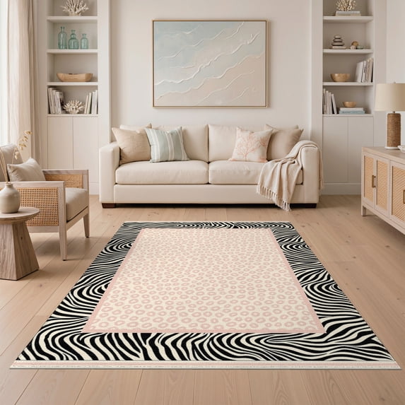 ODIKA Pink Cheetah Print Featuring Striped Frame Motif Zebra Tiger for Dining Room, Under Table, Home Office, Non-Slip Chair-Friendly